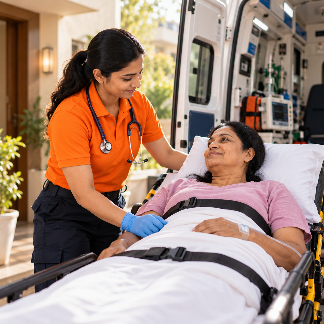 Medical team loading patient into ambulance