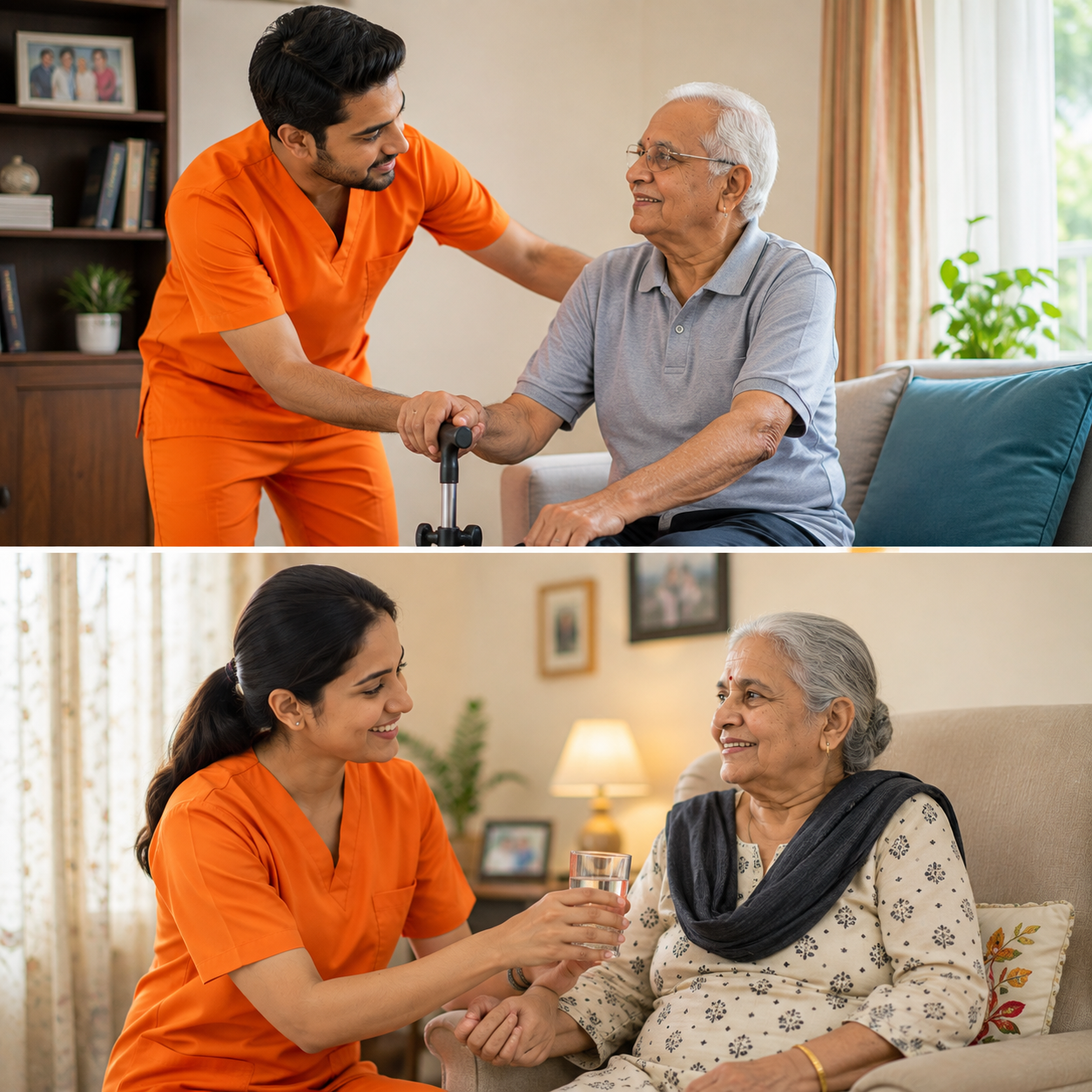 Caregiver assisting senior with walking