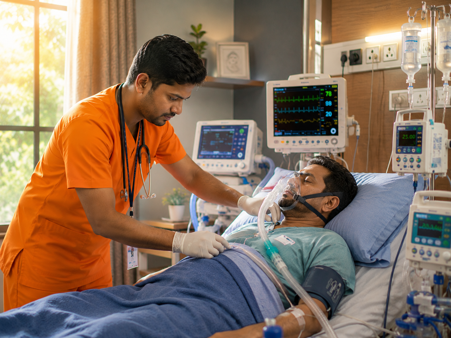 Home ICU setup with vital monitor and nurse
