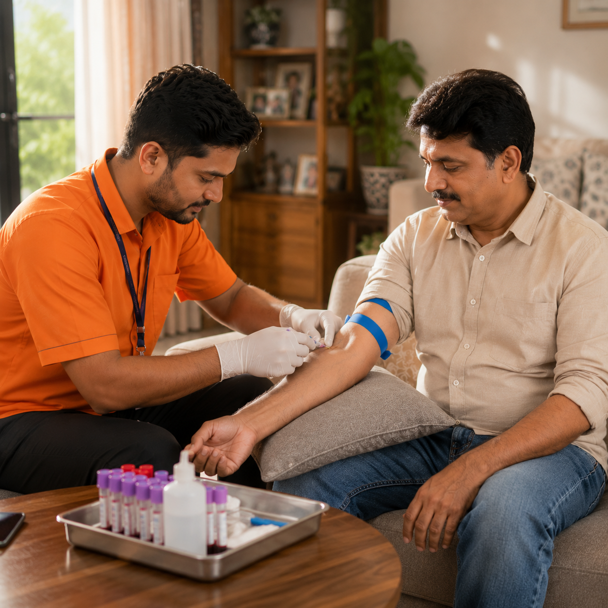 Lab technician collecting blood sample at home