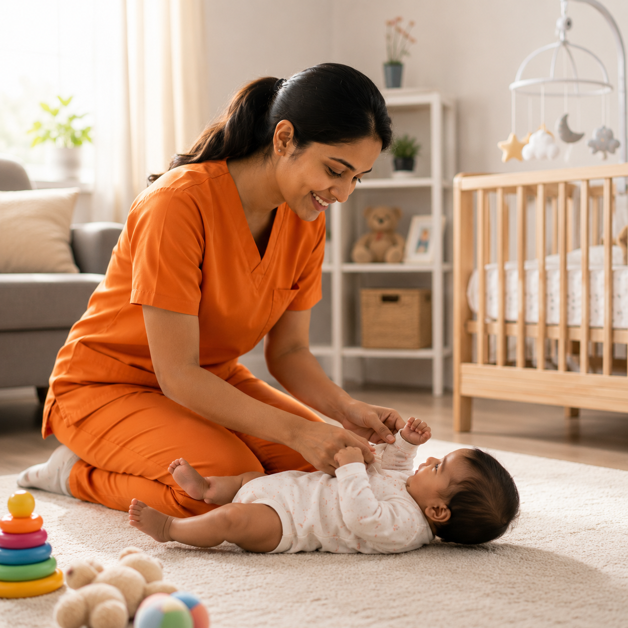Professional nanny caring for child