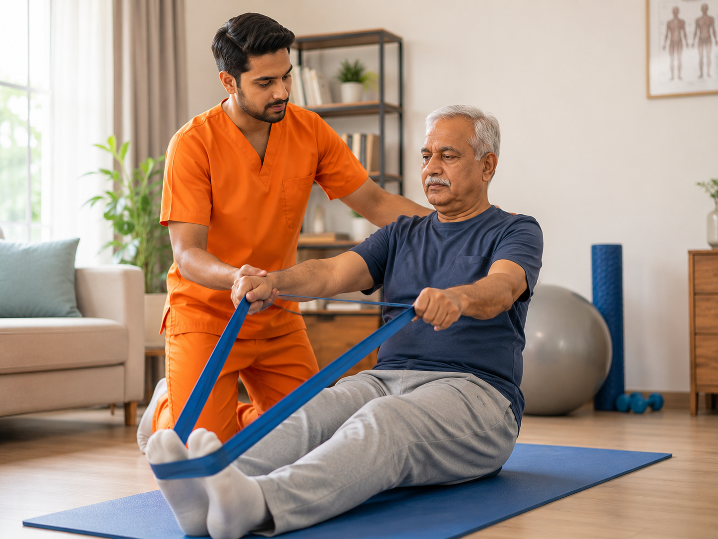 Home physiotherapist conducting stroke rehab